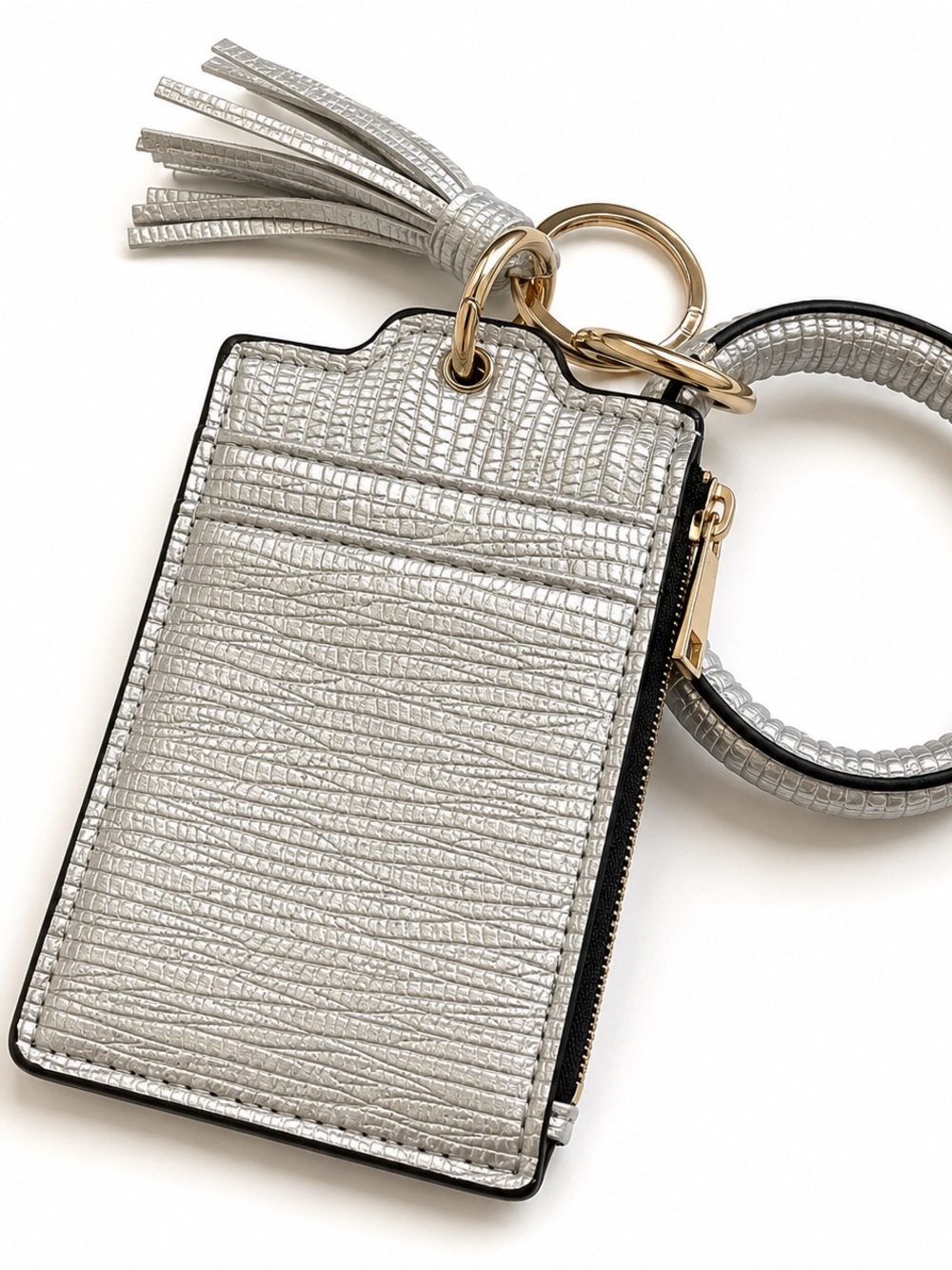 Metallic Silver Textured Wristlet Keychain Coin Pouch Tassel